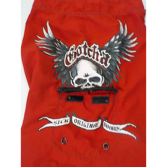 Vintage Gotcha Red Surf Swim Board Shorts Men Size 36 Skull Angel Print - Picture 11 of 13